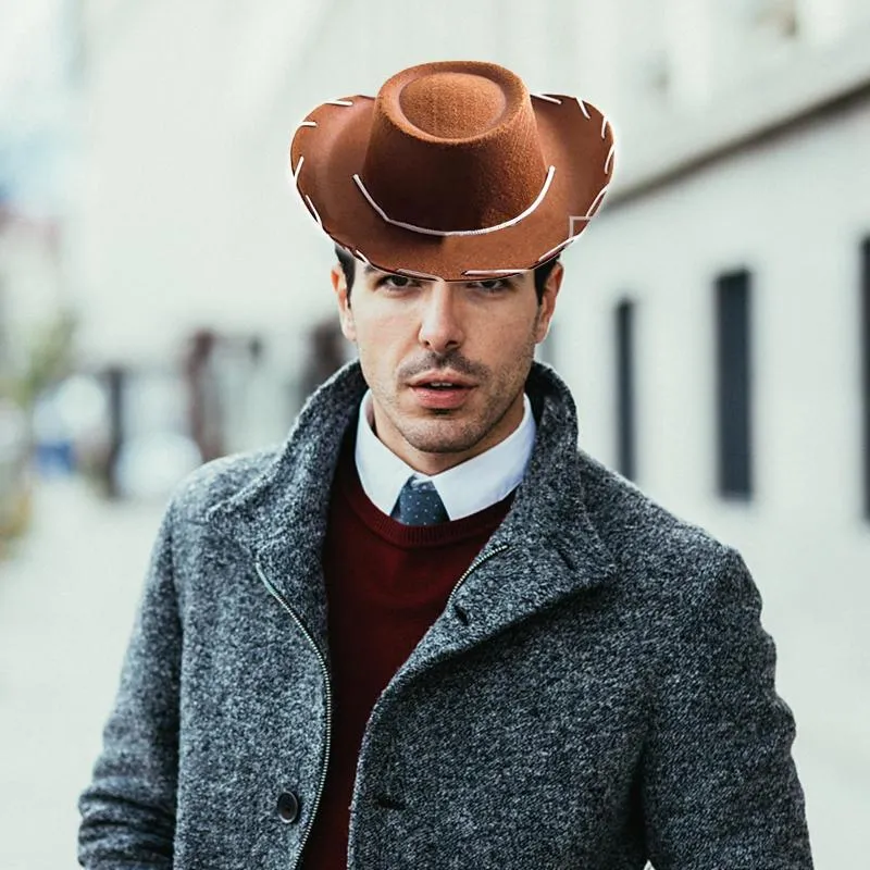 Chapeaux à large bord pour hommes et femmes, grand chapeau de cowboy occidental, point de soleil avec corde de menton, marron/rouge