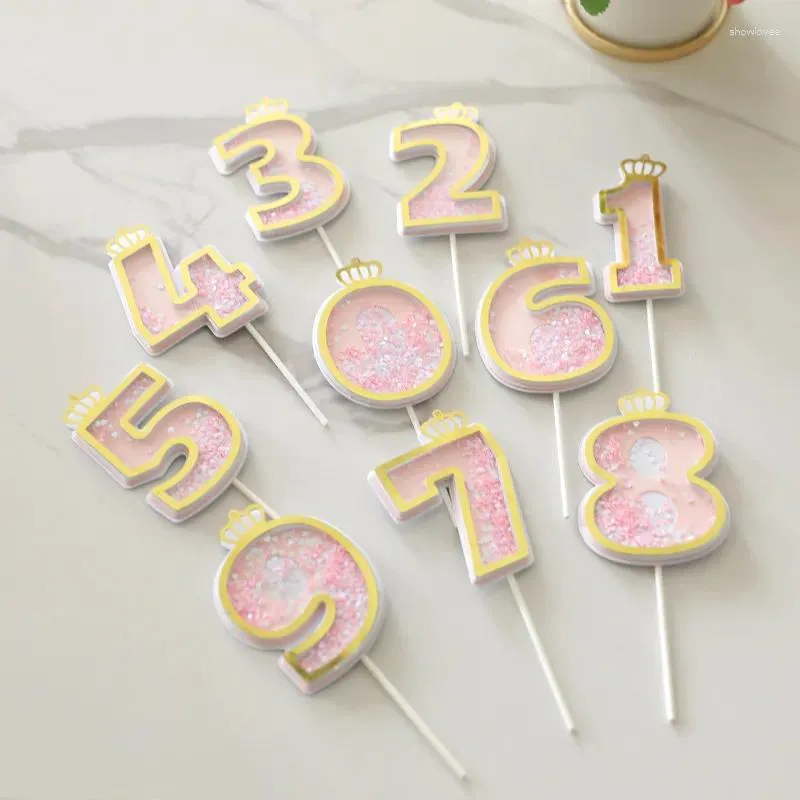 Fontes de festa 0-9 decoração criativa de bolo dourado coroa número feliz aniversário toppers transparente rosa azul cupcake topper decoração