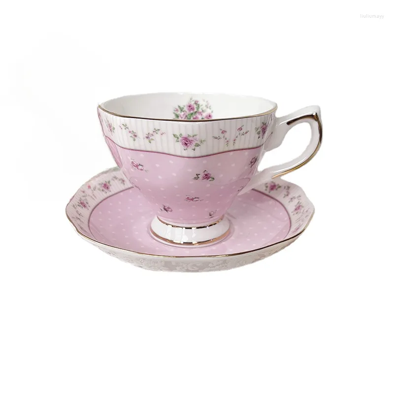 Cups Saucers Luxury European Polka-dot Pink Roses Bronzing Saucer Coffee Cup Afternoon Teacup Cute