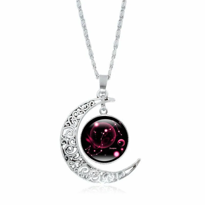 Collane con pendente 12 Costellazione Tempo Collana di pietre preziose Regali Astrologia Galassia Sier Crescent Moon Collane con pendente di perle di vetro per M Dh48O