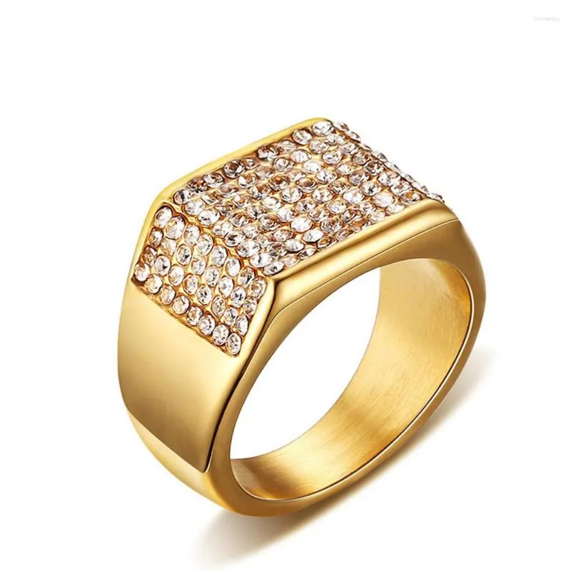 Anéis de cluster Anel de cor de ouro amarelo para homens diamantes completos casamento noivado festa jóias titânio legal presentes tamanhos 7 8 9 10 11 12