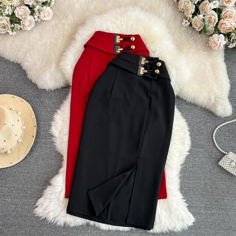 Kjolar 2023 koreansk hög midja smal delad midformell kjol för kvinnor arbetar kontor mångsidig höft ett steg svart röd