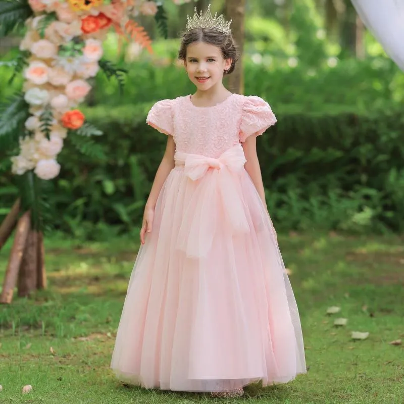 Girl Dresses DSP Puffy Sleeves Pink Princess Dress Floor Length Flower With Bow 4 6 8 10 Years Old Girls' Weddding Party Gown