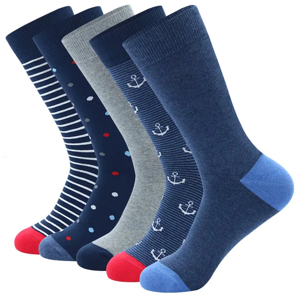 Herrensocken 5 Paare Mode farbenfrohe Geschäftsleute Kleider Socken hochwertige Streifenpunkte Anker große Männer aus Baumwollsocken Größe EU41-48 230927