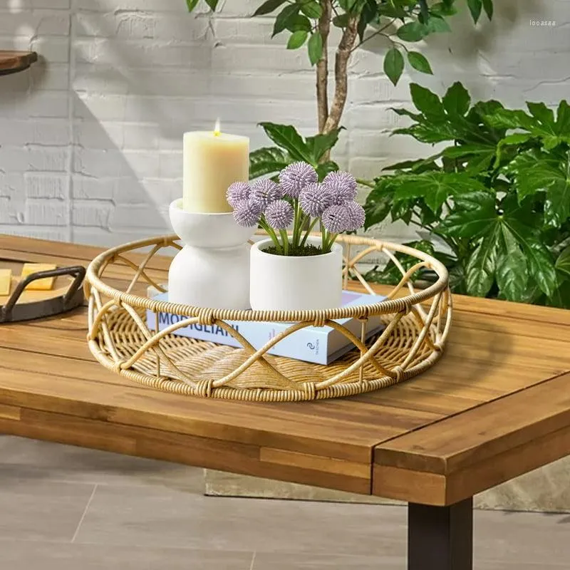Natural Rattan Wood Round Outdoor Tea Serving Tray Black Acrylic Glass