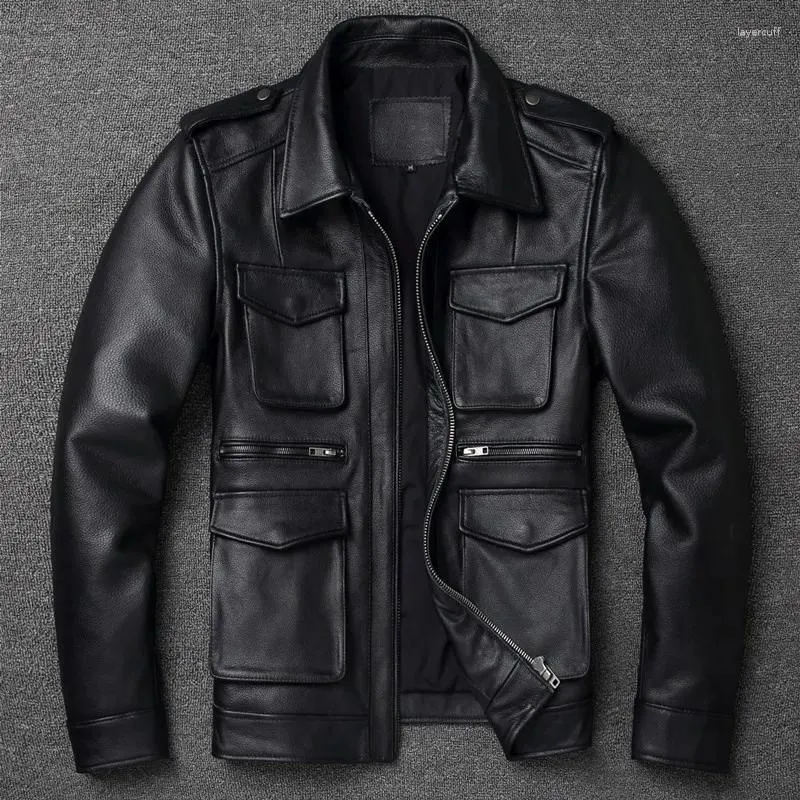 Veste classique en cuir de vache pur pour hommes, multi-poches, Style moto d'hiver, grande taille