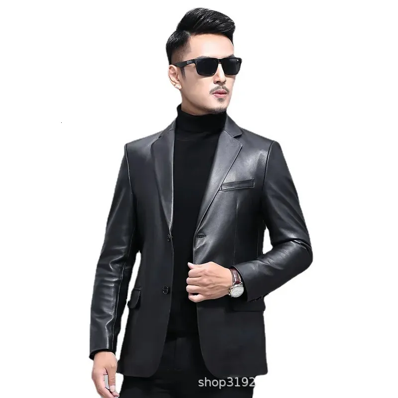 Veste de costume légère en Faux cuir de mouton véritable naturel pour hommes, coupe cintrée, veste en cuir de printemps et d'automne pour hommes 230927