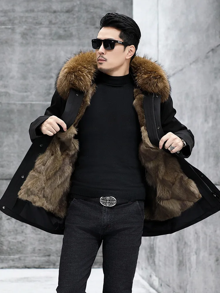 Giacca invernale in pelliccia di volpe ispessita parka da uomo cappotto caldo con cappuccio in pelliccia giacche nere giacca a vento cime da neve taglie forti