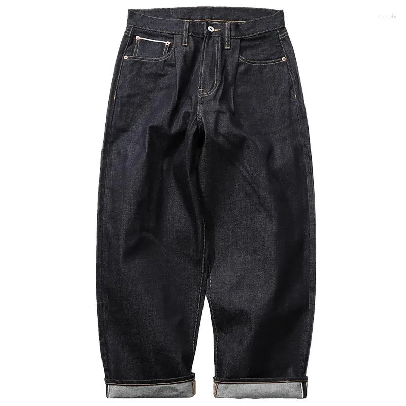 Jeans masculinos 14oz ourela solta reta lavada meados de cintura calças casuais chique streetwear primavera outono
