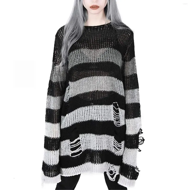 Kobiety swetry punkowy gotycki sweter dla kobiet pusta dziura złamana luźna dzianina jesienna jesienna odzież wiejska Y2K Knitwears Pull Femme