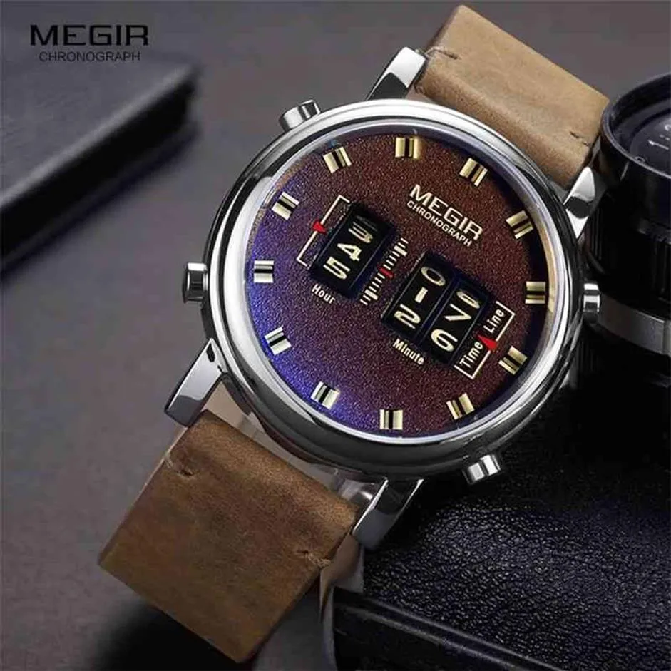MEGIR новые часы с верхней группой, мужские военные спортивные коричневые кожаные кварцевые наручные часы, роскошные барабанные ролики relogio masculino 2137 2103292397