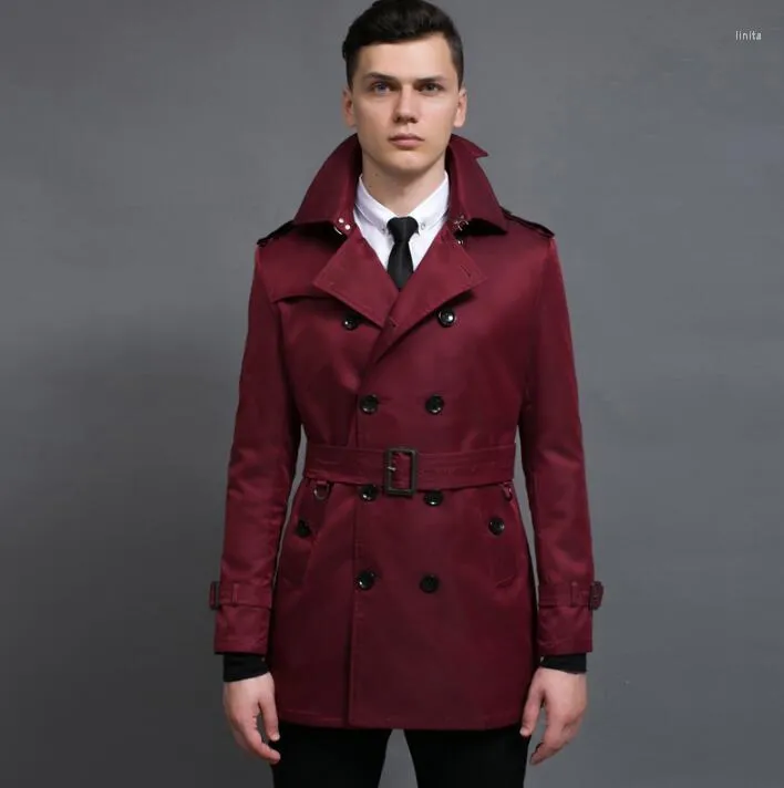 Casacos de Trench dos homens Inglaterra Slim Sexy Casaco Homens Sobretudo Manga Longa Mens Roupas Negócios Outerwear Vinho Vermelho Primavera Outono