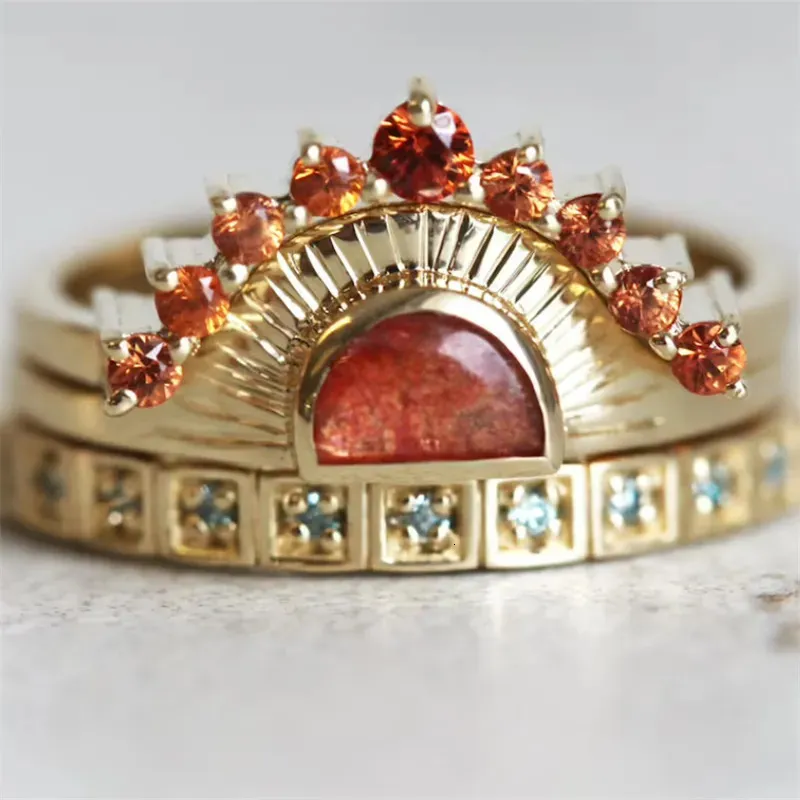 Bröllopsringar Kvaliteter Lyxiga guldfärger Sol för kvinnor Set Trendy Metal Inlaid Red White Stone Ring Engagement Smycken 230928