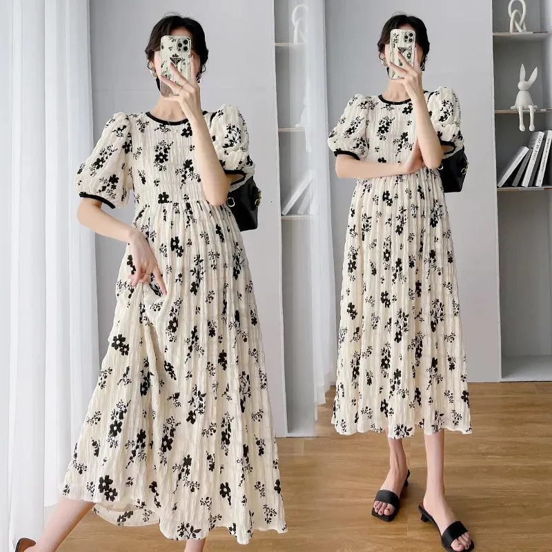 Maternity Dresses Maternity Chiffon Dresses 2023 Summer Clothes For Pregnant Women Elegant Print ONeck Short Sleeve Loose Pregnancy Vestidos 230927