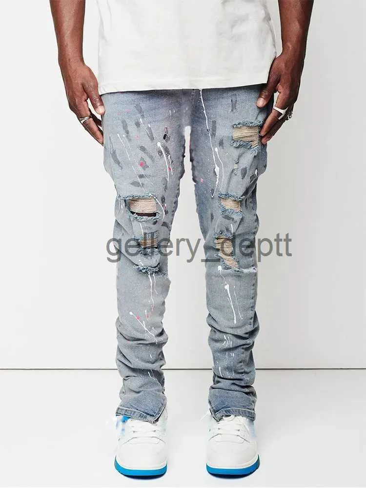 Мужские джинсы Новый дизайн Мужские джинсы Мужские краски Slim Fit Хлопковые рваные джинсовые брюки Голубые джинсы до колена для мужчин Уличная одежда J230928