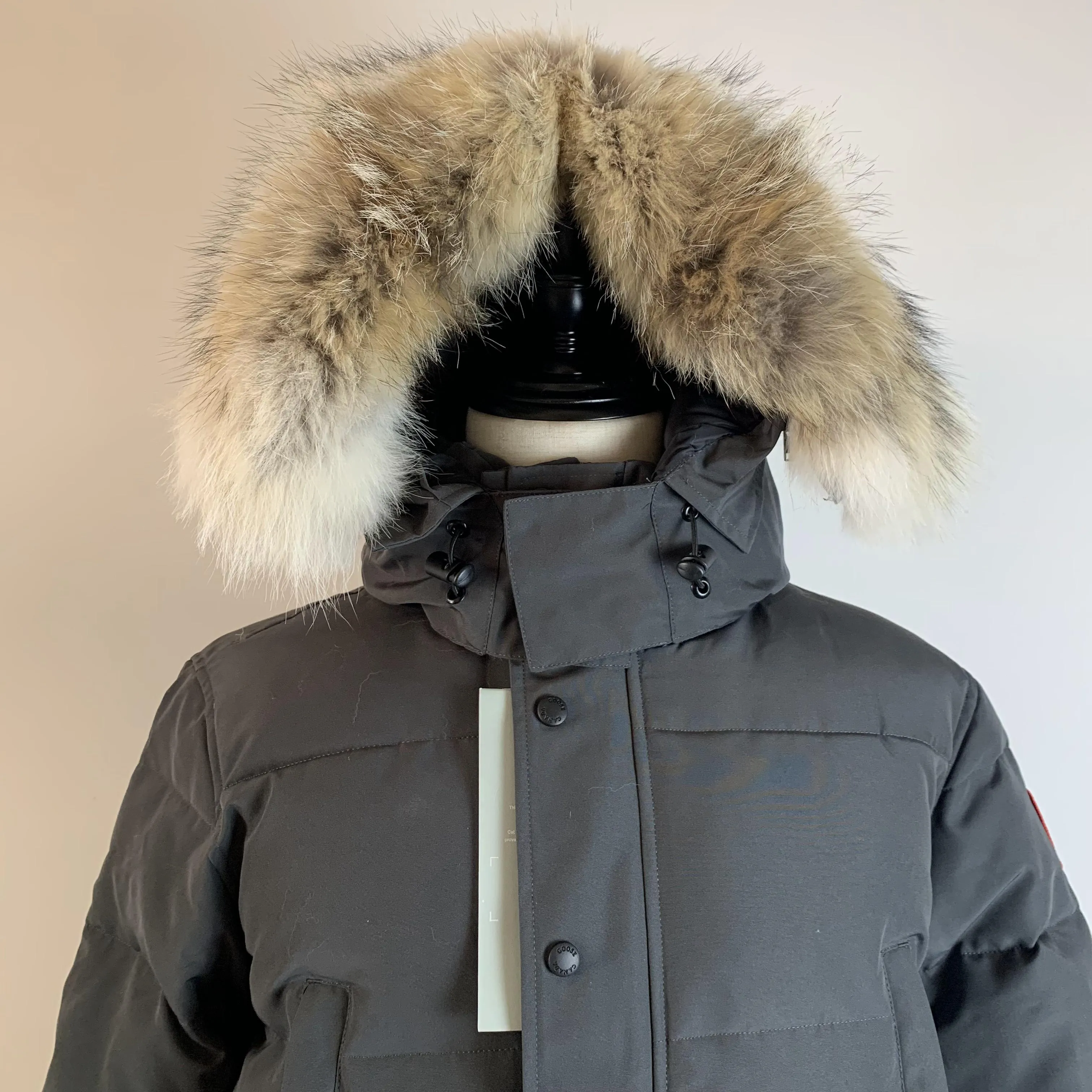 男性用の冬のジャケット：本物のオオカミの毛皮のトリムアライグマ 