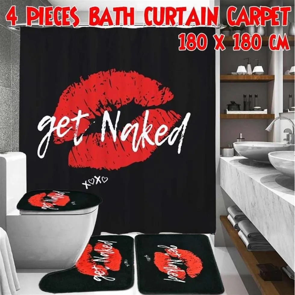 Ensemble de rideaux de salle de bain à lèvres rouges, ensemble de tapis de bain, rideaux de douche avec crochets, tapis de piédestal antidérapant noir, housse de toilette 180x180cm280p