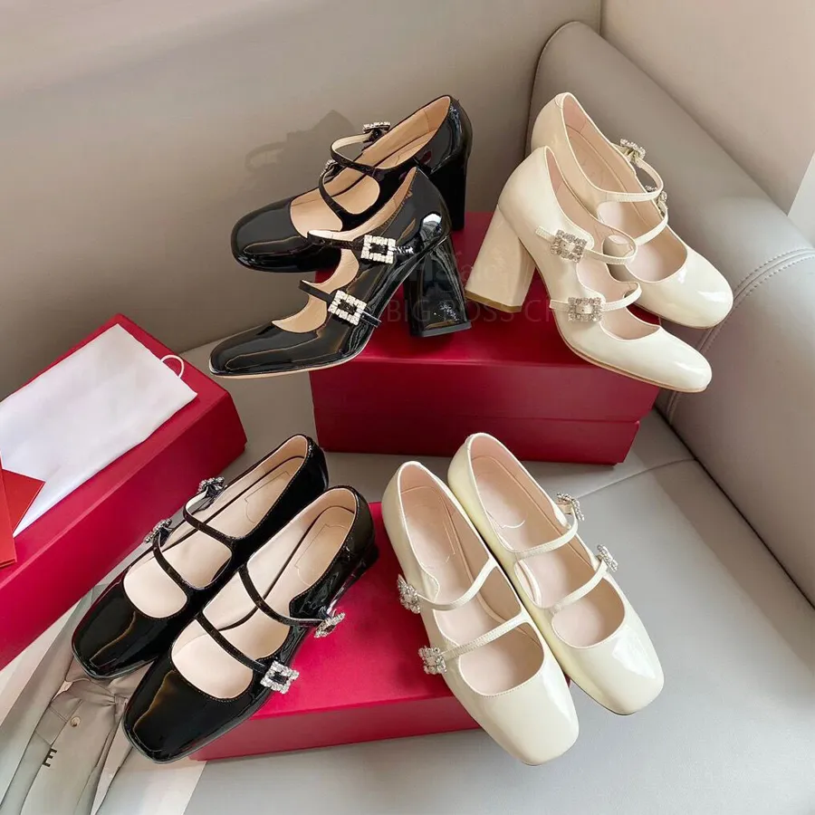 Patent leather rhinestone buckle strap Chunky heel Mary Jane pumps heels women High-heeled sandal Luxury designer dress shoes Ballet party Wedding shoes 2.5 8.5 cm