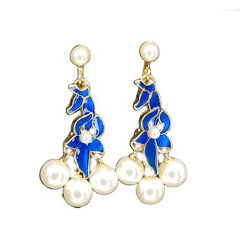 Kolczyki Dangle Losodo Style Chińskie etniczne wykwintne retro błękitne szkliwo dla kobiecej perłowej biżuterii mody hanfu