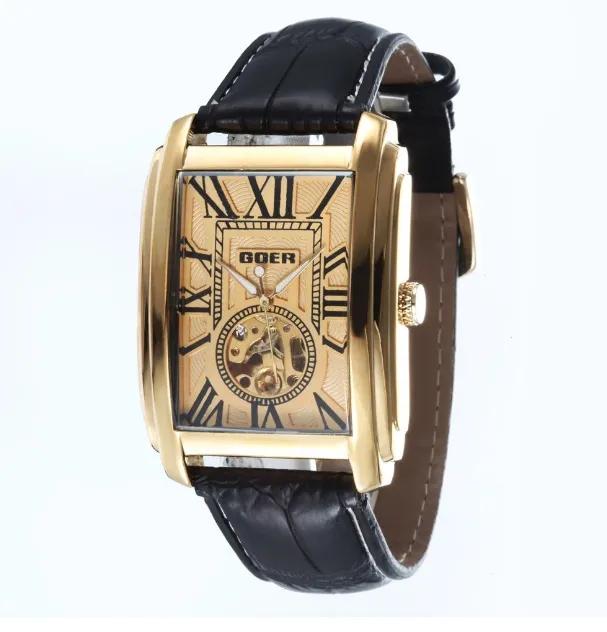 Relojes de pulsera Etiquetas de marca Relojes Hombres Correa de cuero Reloj de pulsera mecánico automático informal Pequeños segundos Relogio Masculino GOER