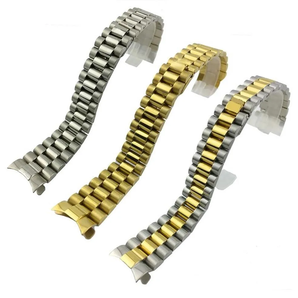 Titta på bandtillbehör för log-typ med tre pärlor Solid dykning Rostfritt stål Band President Buckle 20mm Men's Gold2830