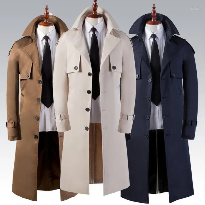 Męski Trench Coats England Mens Man Jednogładza długi płaszcz męski ubrania Slim Fit Fit Business Business Sleeve Spring Autumn Korean