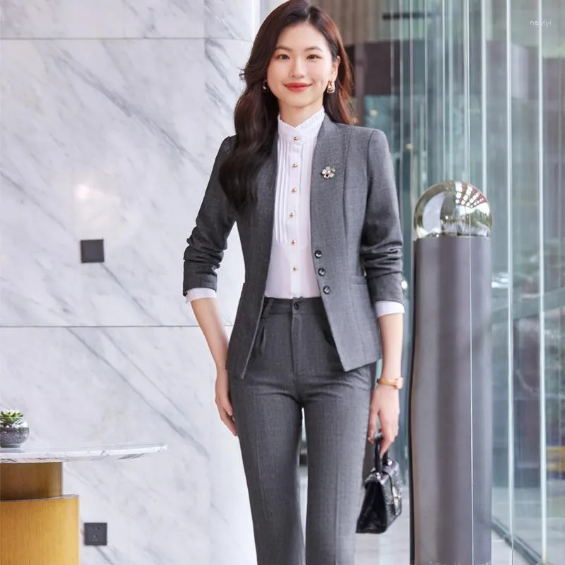 Two Piece Dress Formal Uniform Design Novelty Grey Professional Business  Work Suits Jackets And Skirts Ladies Pantsuits Female Trousers Set
