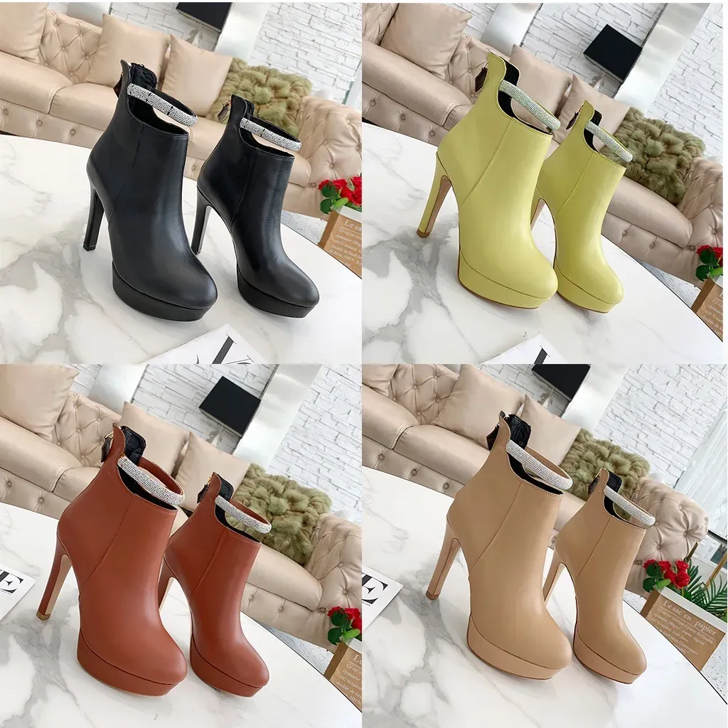 Designer Black Premium Leather Boots For Women Luxury Brand Glänsande fluorescerande gul kedja Stiletto Round Toe Platform Pumps