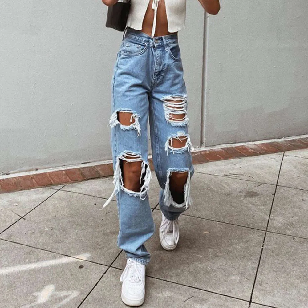 Calças de brim femininas vintage rasgadas angustiadas streetwear buraco hip hop calças de cintura alta moda reta denim verão jean
