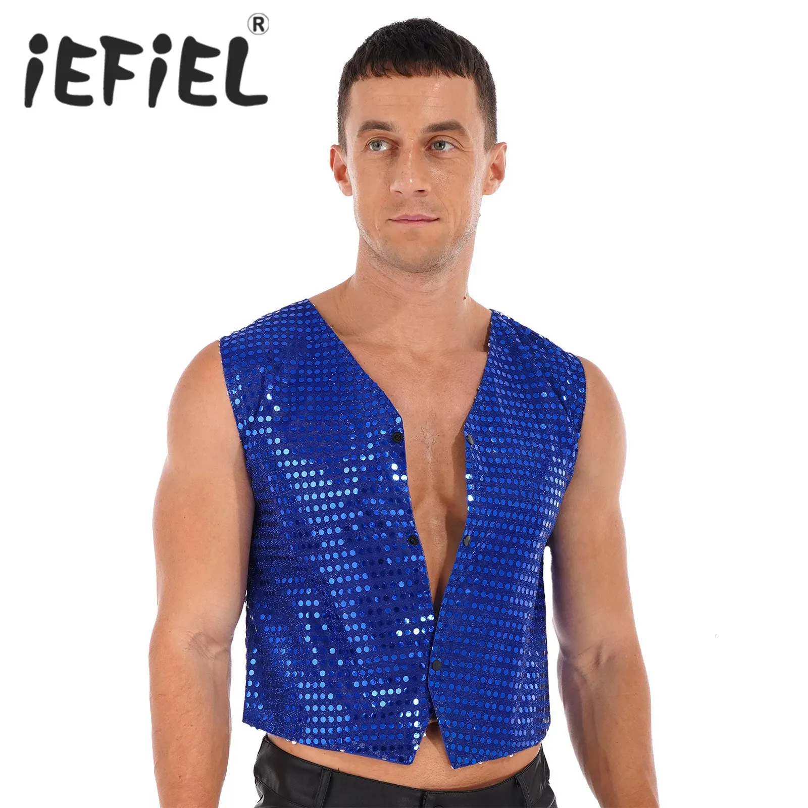 Men's Vests Mens Sequins Dress Vest Shiny Slim Fit V Neck Tuxedo Waistcoat for Hip Hop Jazz Latin Street Dance Stage Performance Costumes 230927