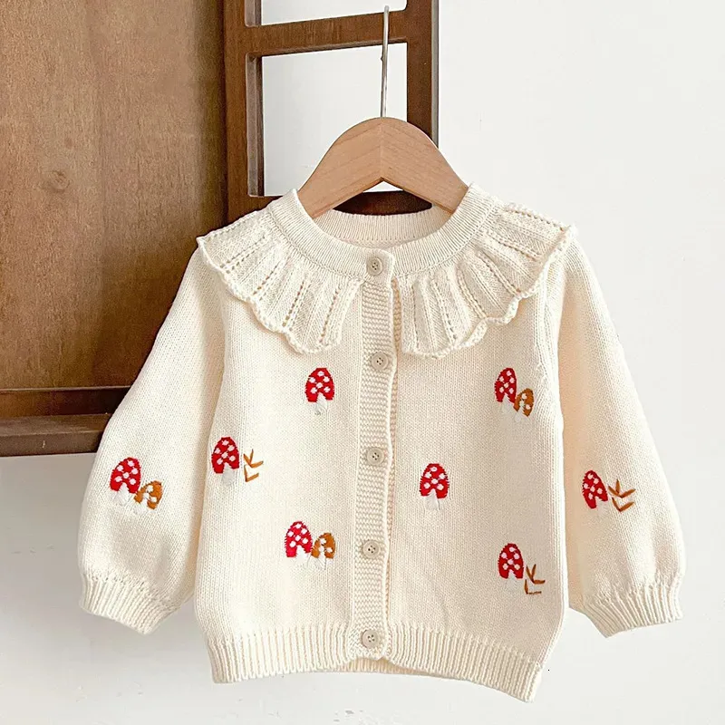 Jackets New Baby Girl Knit Cardigan Infant Autumn Princess Embroidery Mushroom Sweater Lotus Collar Girls Knitted Jacket Clothes 230928