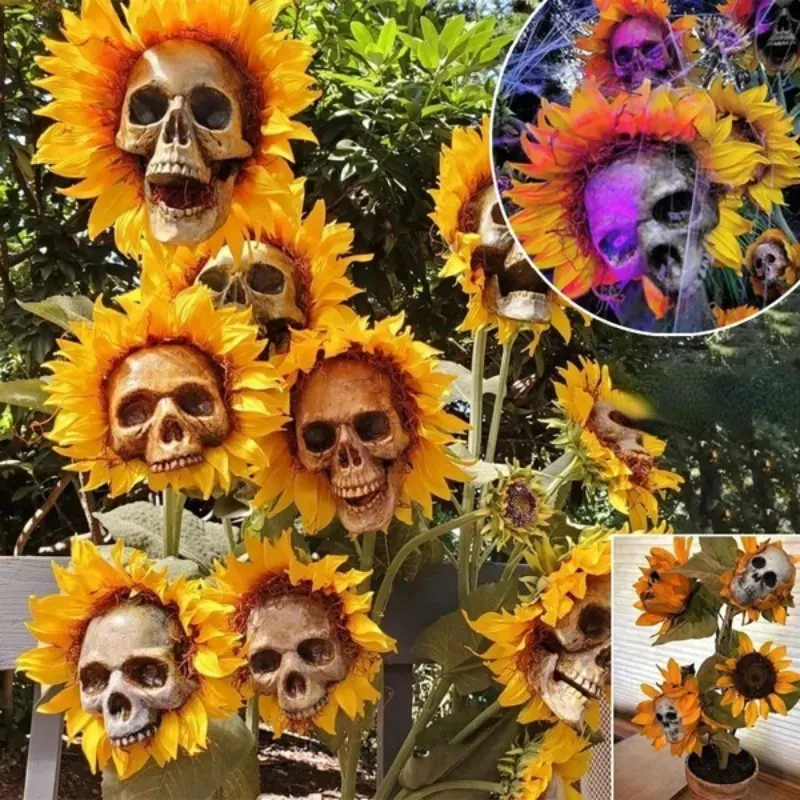 Décorations de jardin Crâne effrayant Fleurs de tournesol Festival Art Craft Décoration Simulation Fleur Ornements Halloween 230921