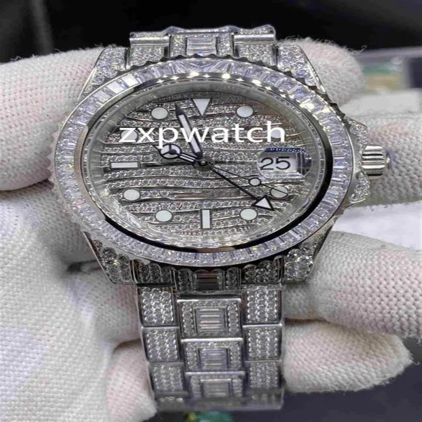 Relojes ETA2836 de alta calidad para hombres Reloj con diamantes helados Caja de acero inoxidable 904 plateada de 40 mm Lado del reloj con esfera de diamante Auto227x