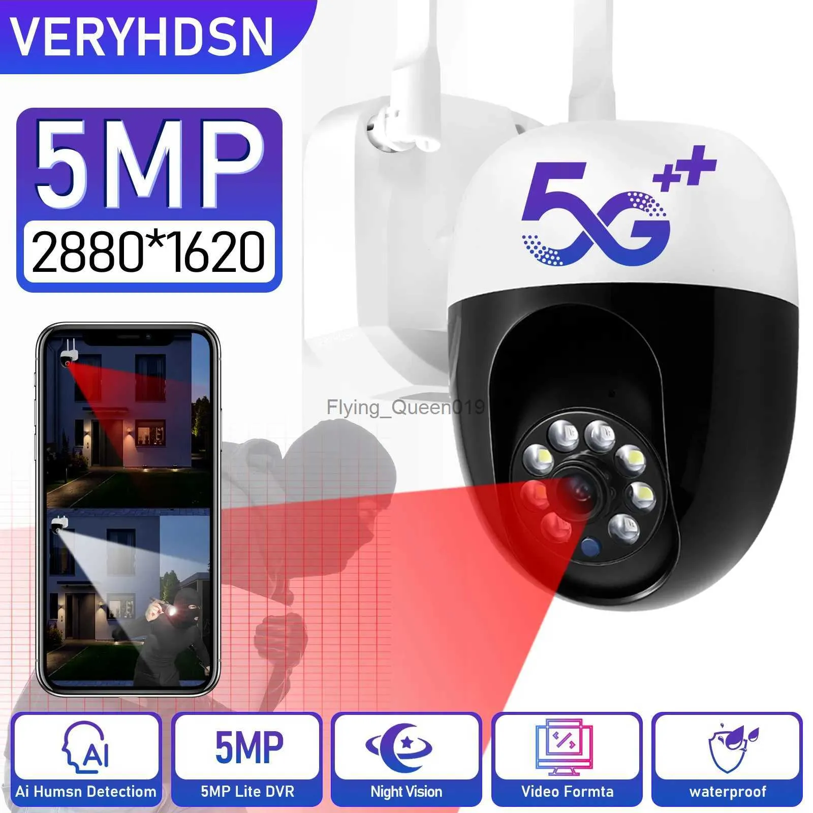 Obiektyw CCTV 5MP 5G Wi -Fi IP Outdoor Surveillance Noc Kolor Monitor cyfrowe kamery domowe bezprzewodowe bezpieczeństwo inteligentne śledzenie Wodoodporne YQ230928