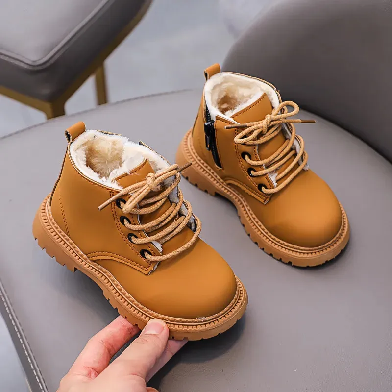 Winter Kids Leather Snow Boots Fashionable Solid Color Warm Ankle