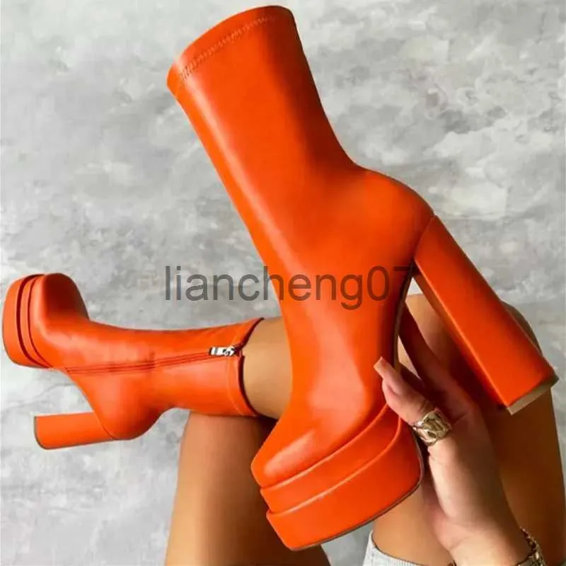 Boots Autumn Winter Chunky High Heels Ankle Shoes for Women Punk Style Zipper Thick Platform Elasticity Microfiber Boots Botines Mujer x0928