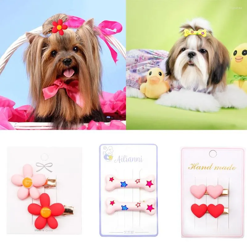 Hundebekleidung 2 Stück Haarspangen Hunde Blume Herz Knochenform Haarnadel Schleife Mode Mädchen Geschenke Pflege für kleine Haustiere Zubehör