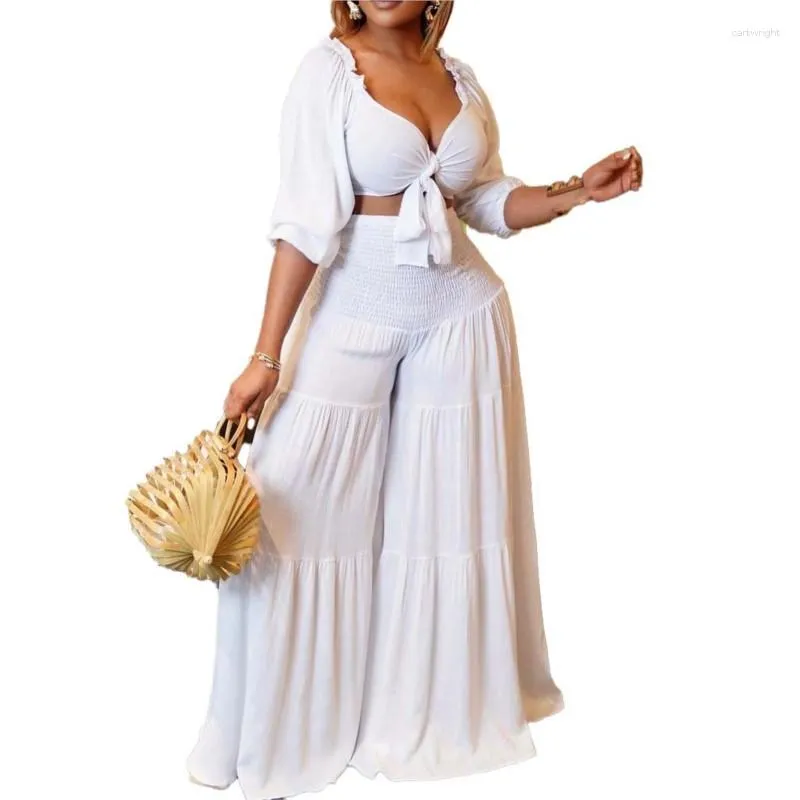 Etnisk kläder Fashion Sexig bröstomslag Rem Slim Top Fold Elastic Wide Midjeben Byxor Tvådel afrikansk stor storlek Casual Suit 3xl