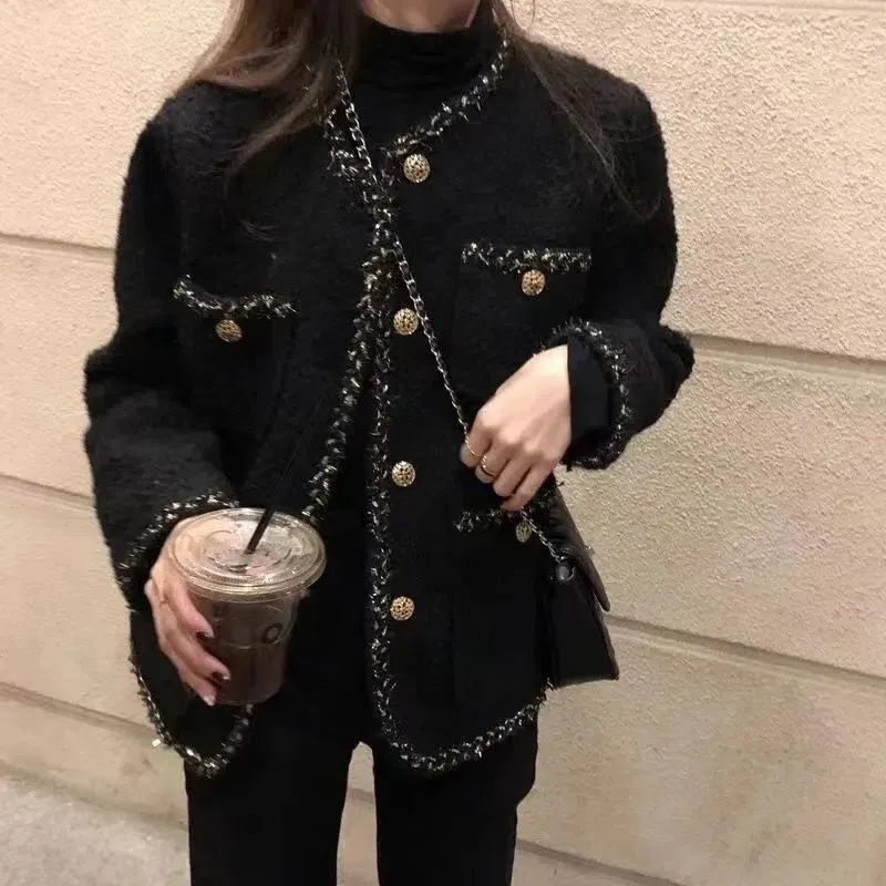 Women's Wool Blends Warm Wool Tweed Jacket Coats Women Winter Korean Style Black Long Sleeve Jackets Woman Pockets Single-Breasted Outwear Lady 230927