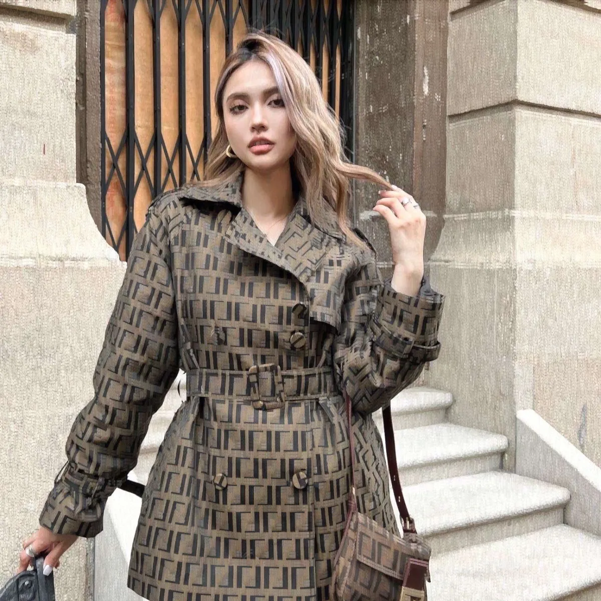 F & F Luxury designer womens trench coats Women Windbreaker jacket Loose Belt Coat Female Casual short Trenchs Coat