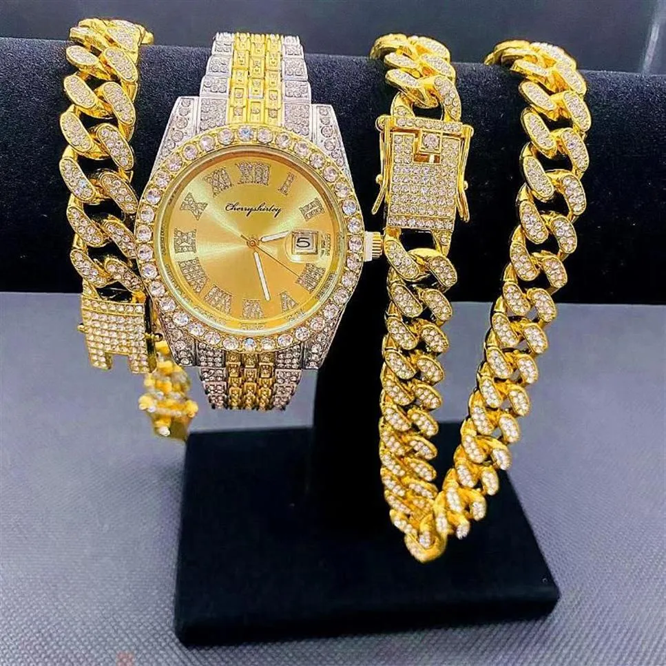 Relógios de pulso Full Iced Out Relógios Mens Cuban Link Chain Pulseira Colar Casal Bling Jóias para Homens Grandes Correntes de Ouro Hip Hop Wa264e