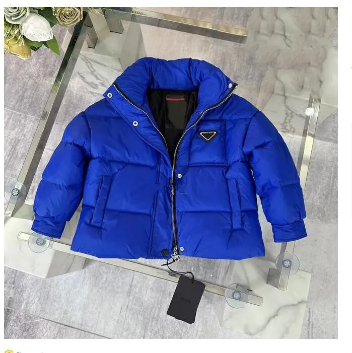 Kindjas kinderen down jassen baby jas meisjes jongens kleding kind jassen top luxe merk driehoek bord warm comfortabel 100% gans down vulling blauw wit01