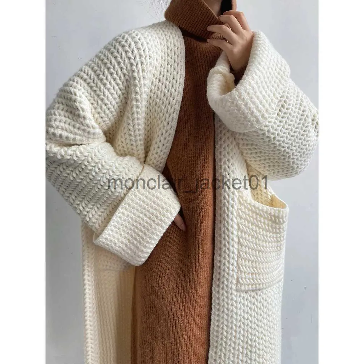 Suéteres de mujer Maxi Cardigan Suéter de punto Mujeres Crochet Primavera Otoño Invierno Suéter Corazón Off White Pocket Abrigo de punto Chaqueta larga Jumpers J230928