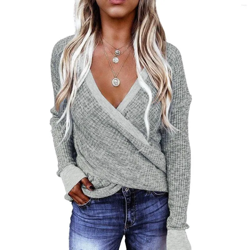 Kvinnors tröjor Womens Wrap Cable Knit Lång ärm Sexig Deep V Neck Solid Color Asymmetric Hem Elastic Cuff Elegant Pullover Casual