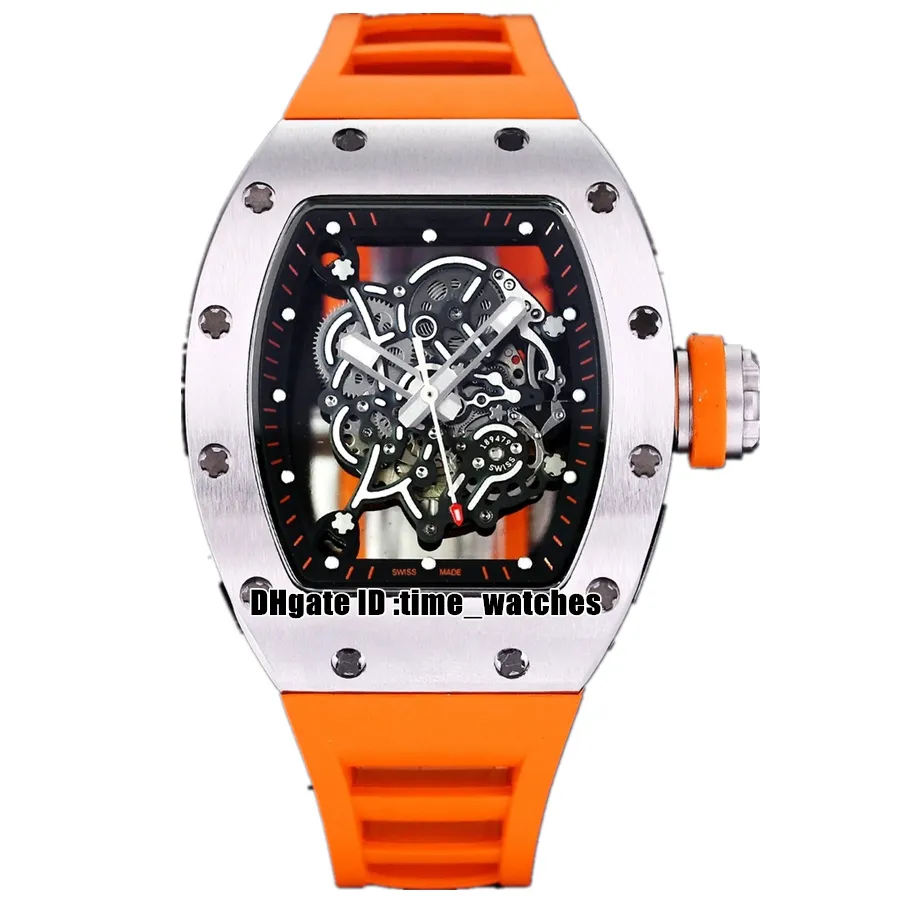 Nouvelle montre automatique pour hommes, boîtier en acier, squelette, grand cadran 055, bracelet en caoutchouc Orange, montres de Sport pour hommes, 6 couleurs