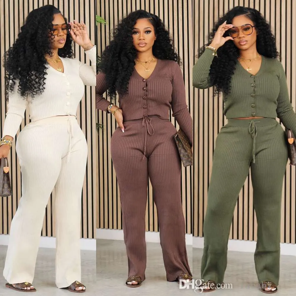 Knit Ribbed Tracksuit Women Two Piece Set Long Sleeve Button Sexy Deep V-neck Sweater Top And Straight Wide Leg Pants 2PCS Suit Outfit