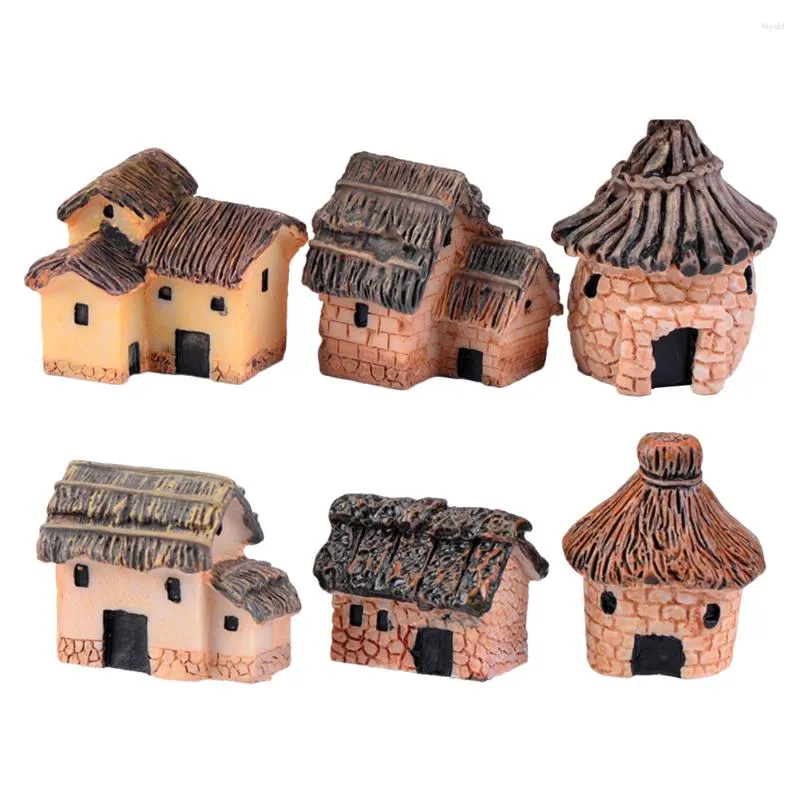 Decorações de jardim 6 pcs Miniatura Jardinagem Paisagem Micro Vila Casas de Pedra Miniatura Casa Cabanas de Palha DIY Bonsai Terrário Artesanato