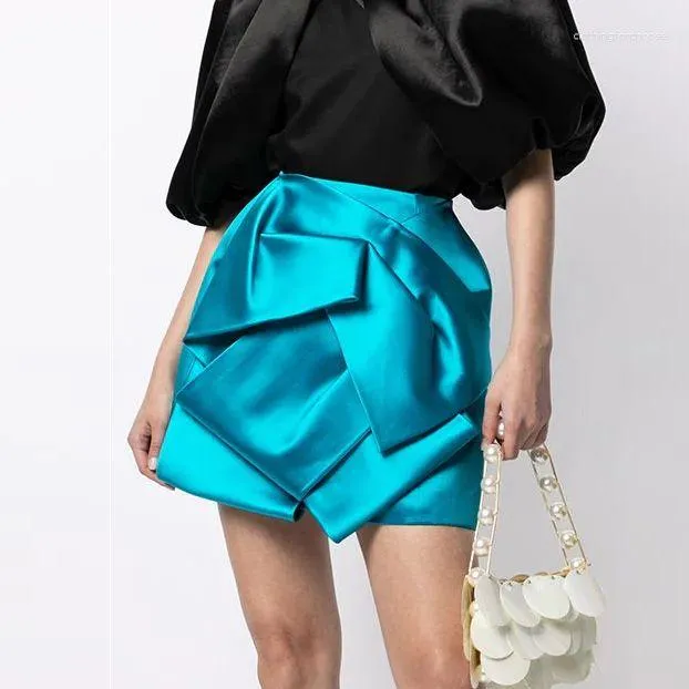 Spódnice gładkie jedwabną spódnicę origami jezioro Blue taffeta mini formalny bal maturalny krótki projekt biurowy panie