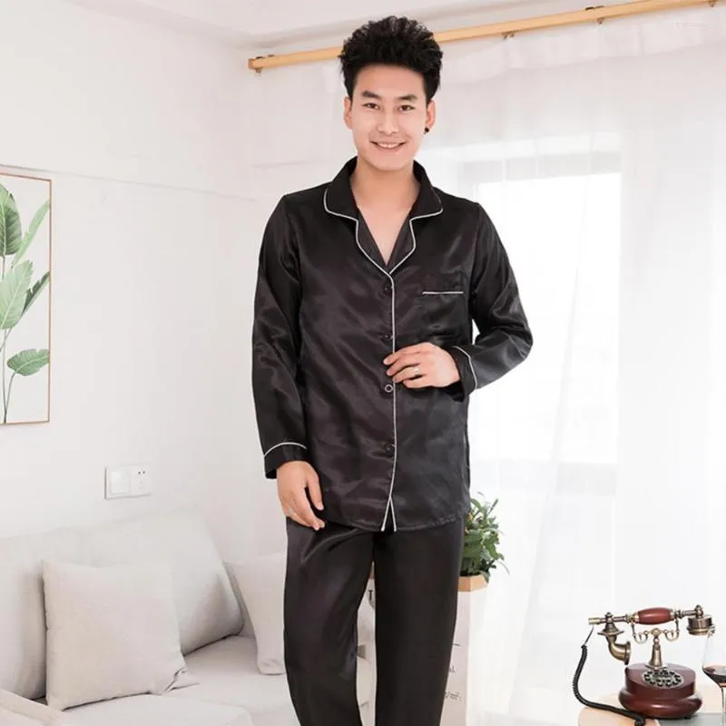 Mäns sömnkläder Silk Satin Men Pyjamas Set Solid Color Long Sleeve Suit Casual Two-Piece Pyjama Homewear Sleep Lounge Pants