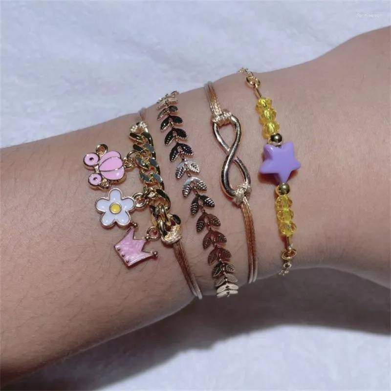 Charm Bracelets 4psc/set Bohemian Mixed Pink Pumpkin Car Flower Crown Infinity Star Leaf Bracelet Women Seaside Vacation Leisure Jewelry